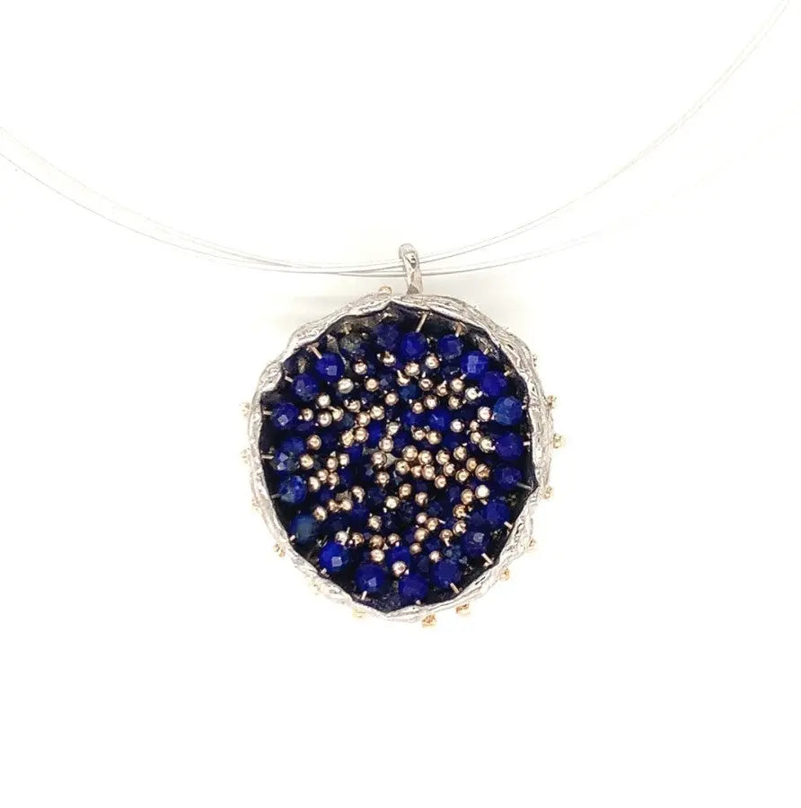 Dance of Stamens Necklace Midi, Silver Hollow Bezel with Lapis Lazuli