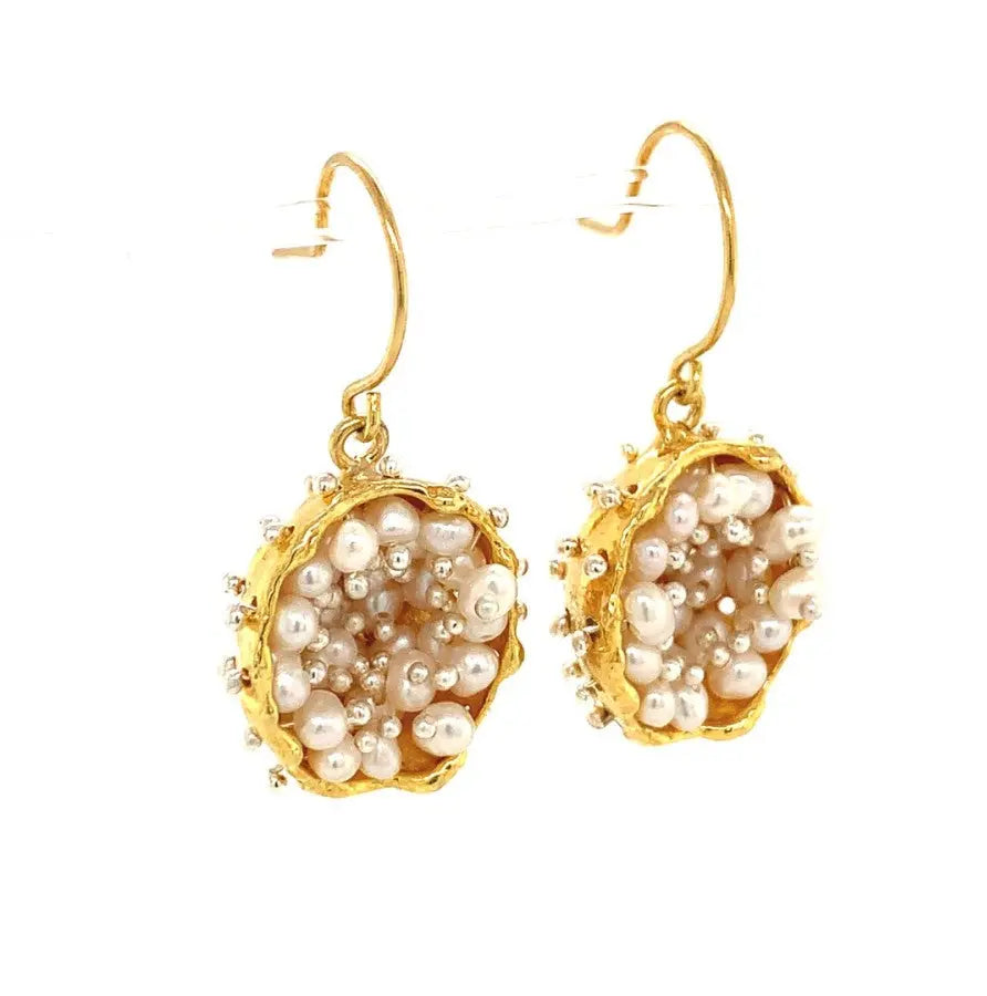 Dance of Stamens Earring Midi, Gold plated hollow bezel with fresh water baby pearls