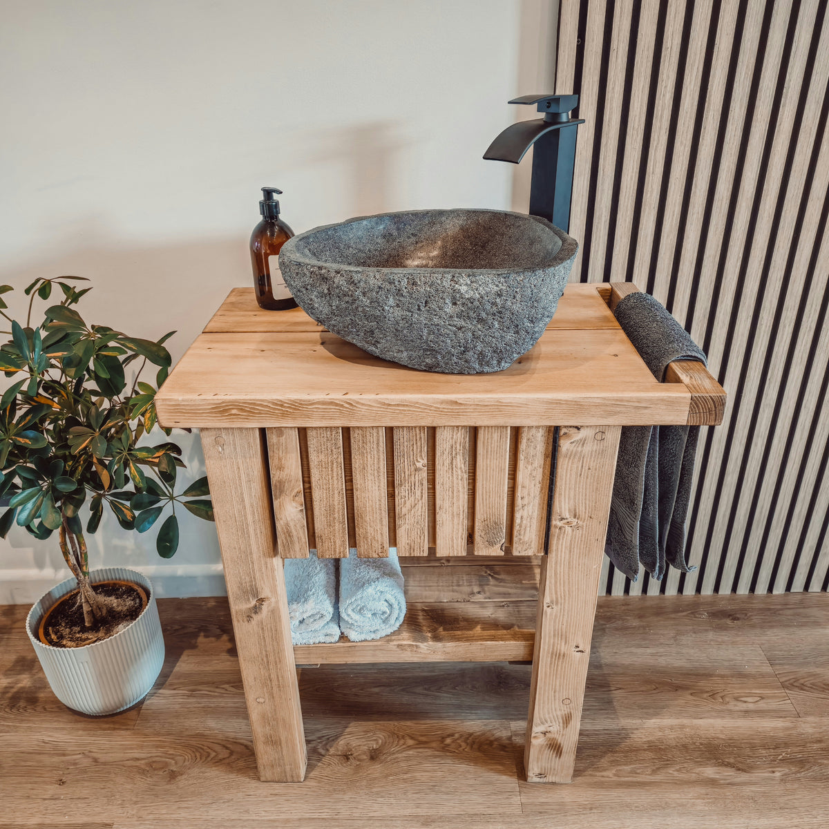 BUTLER Wooden Vanity and Shelf Storage with Stone Sink