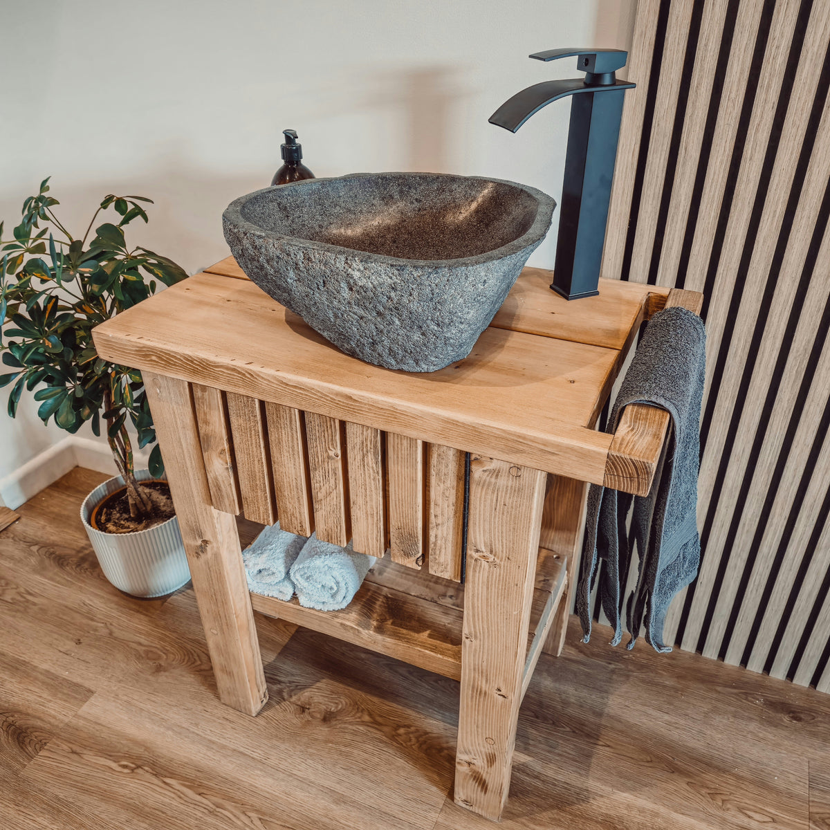 BUTLER Wooden Vanity and Shelf Storage with Stone Sink