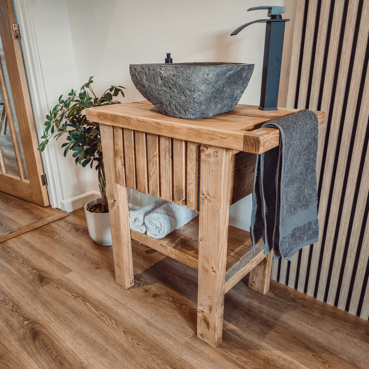 BUTLER Wooden Vanity and Shelf Storage with Stone Sink