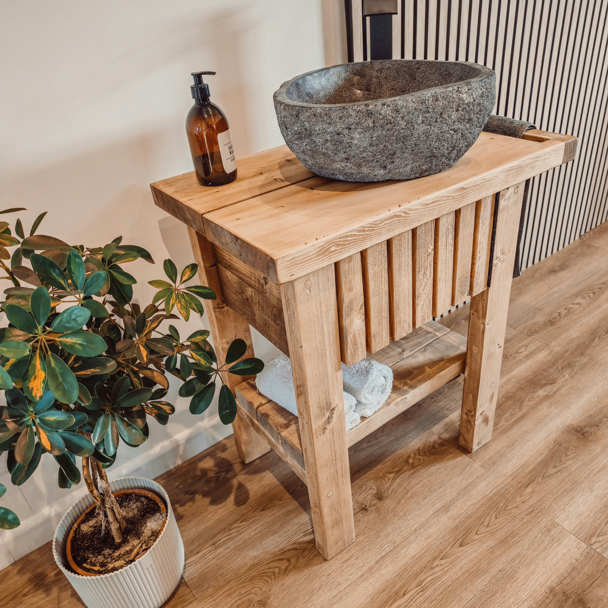 BUTLER Wooden Vanity and Shelf Storage with Stone Sink