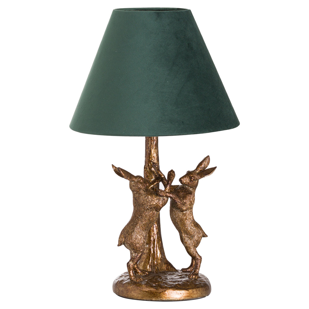 Antique Gold Marching Hares Lamp With Green Velvet Shade – alternate view 2