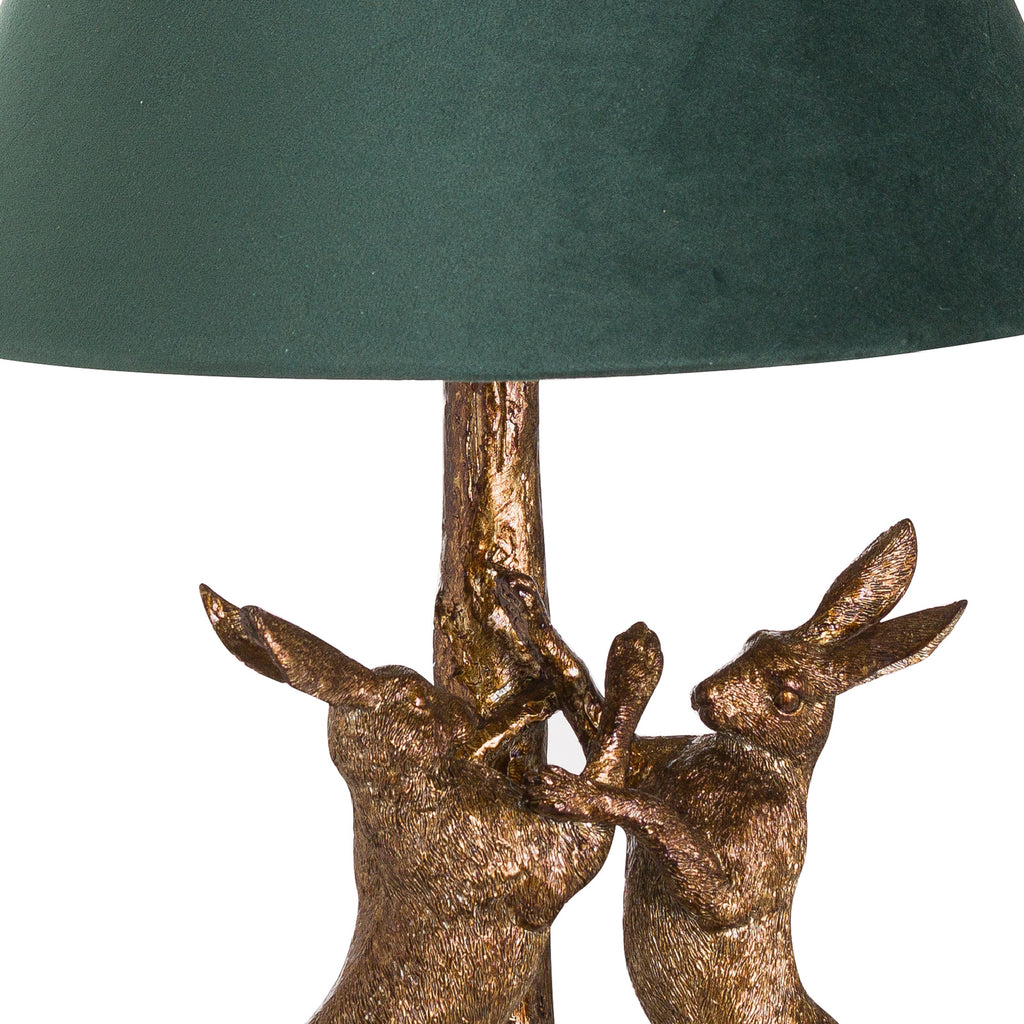Antique Gold Marching Hares Lamp With Green Velvet Shade – alternate view 3