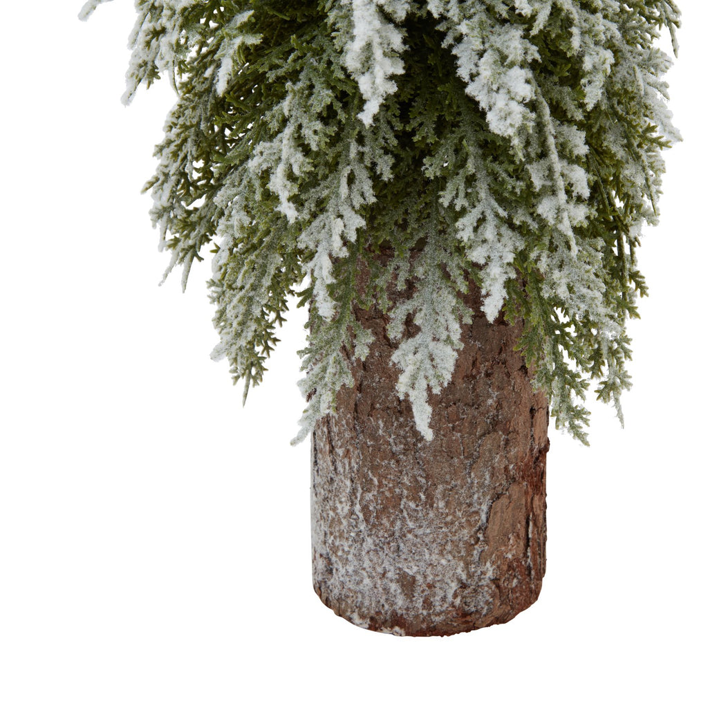 Small Snowy Fir Tree On Tall Wood Log – alternate view 2