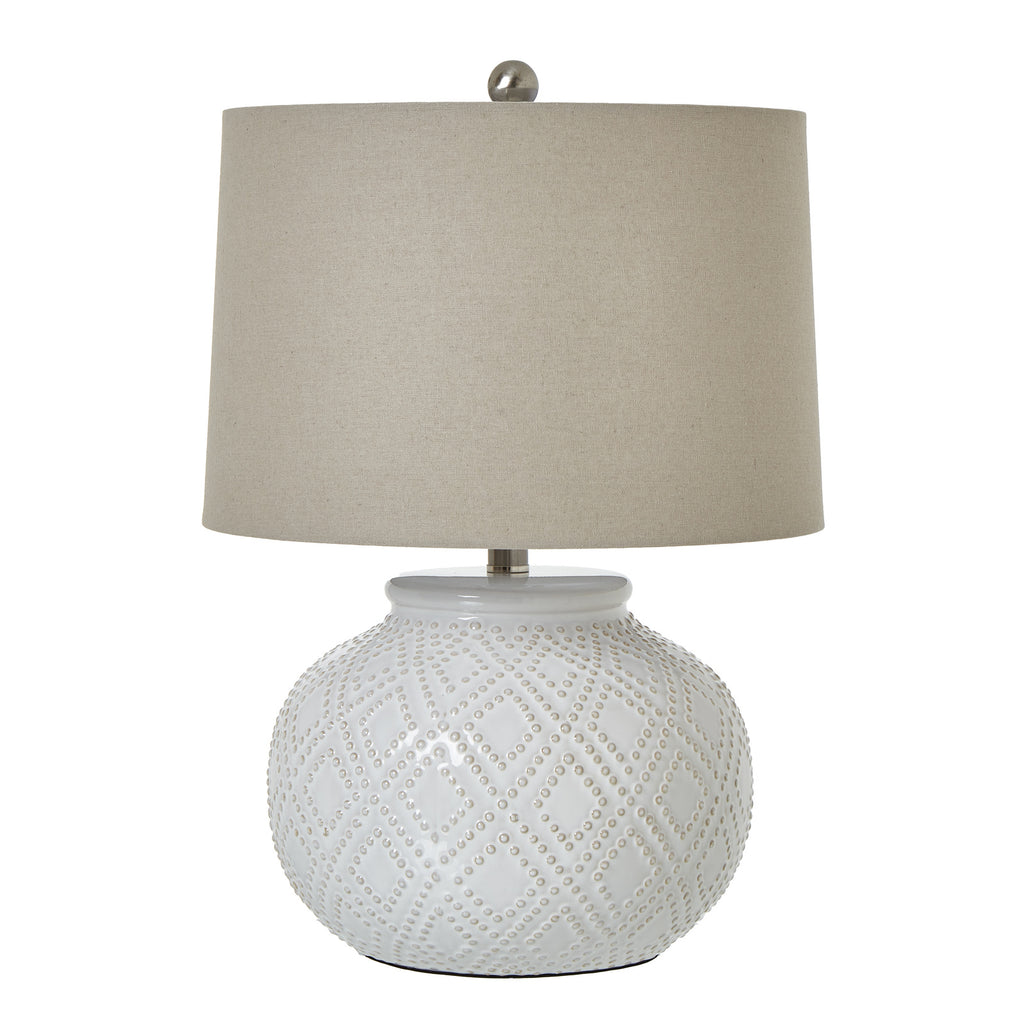 Squat White Beaded Ceramic Lamp With Linen Shade – alternate view 2