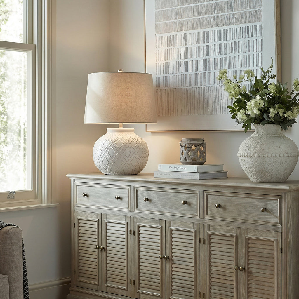Squat White Beaded Ceramic Lamp With Linen Shade – alternate view 3