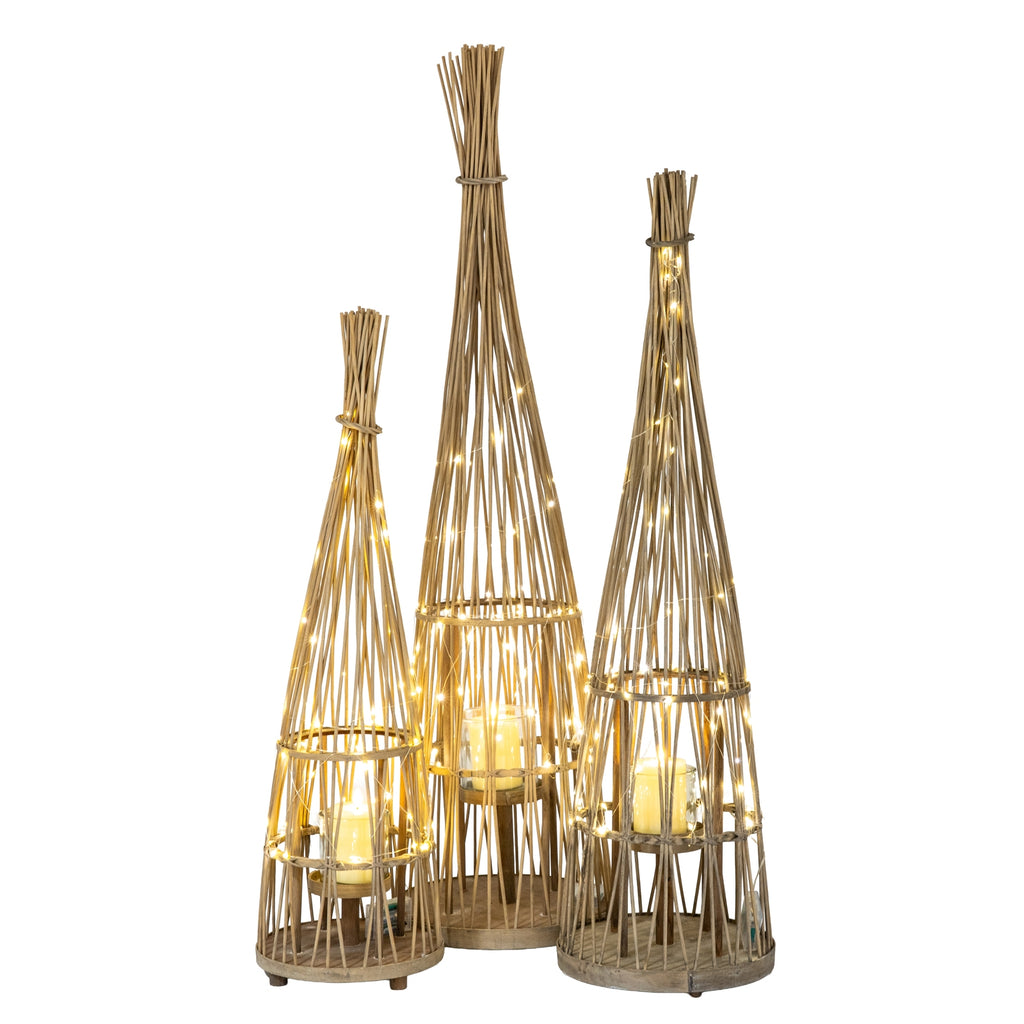 Large Conical Wicker Lantern With Glass Holder & LED Lights – alternate view 3