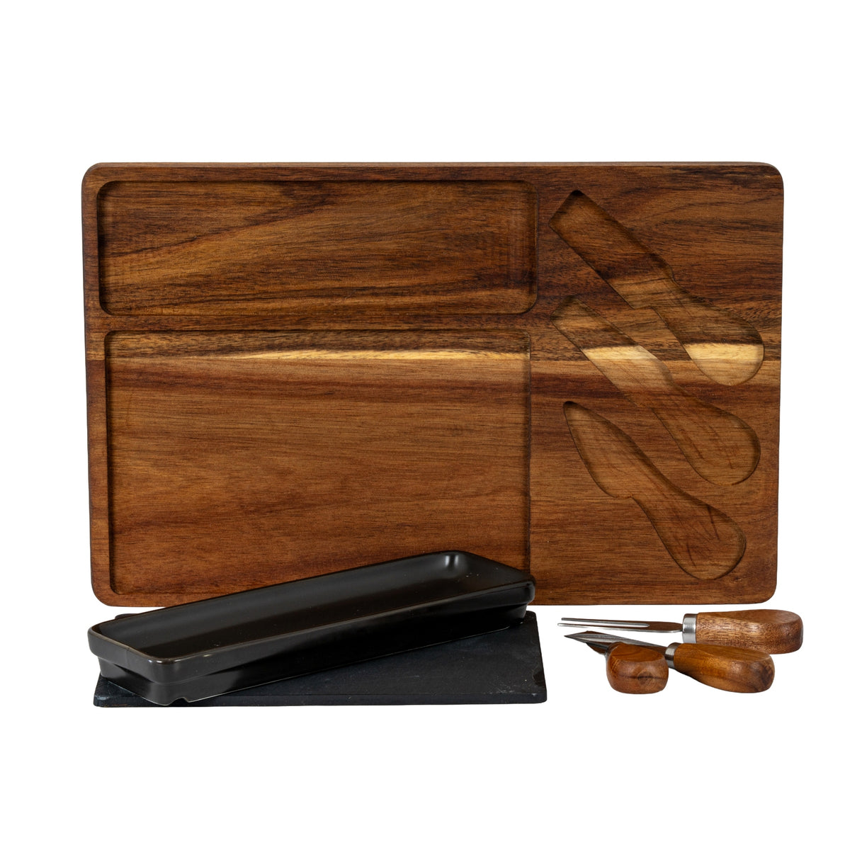 Acacia Cheese Board Set With Black Bowl, Slate And Cutlery – alternate view 3
