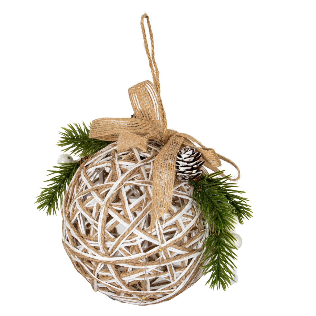 Small LED White Rattan Bauble With Branches And Ribbon