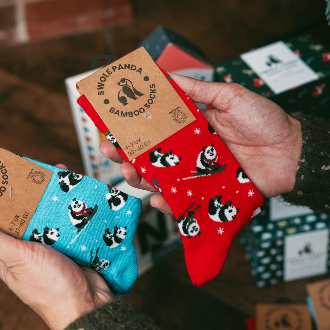Blue Skiing Panda Bamboo-Blend Socks