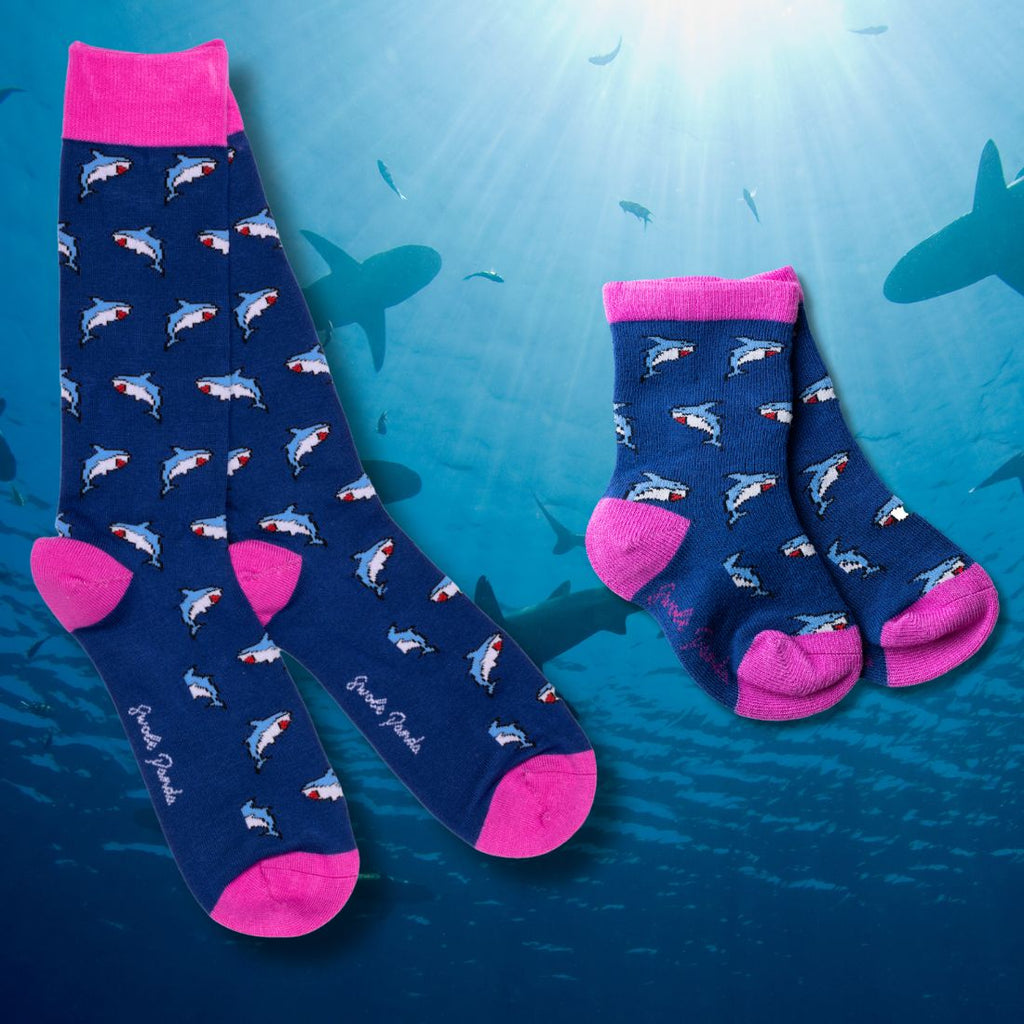Sharks Matching Bamboo-Blend Sock Set, Adult & Child