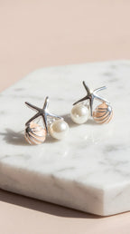 Starfish & Seashell Gold Plated Pearl Stud Earrings