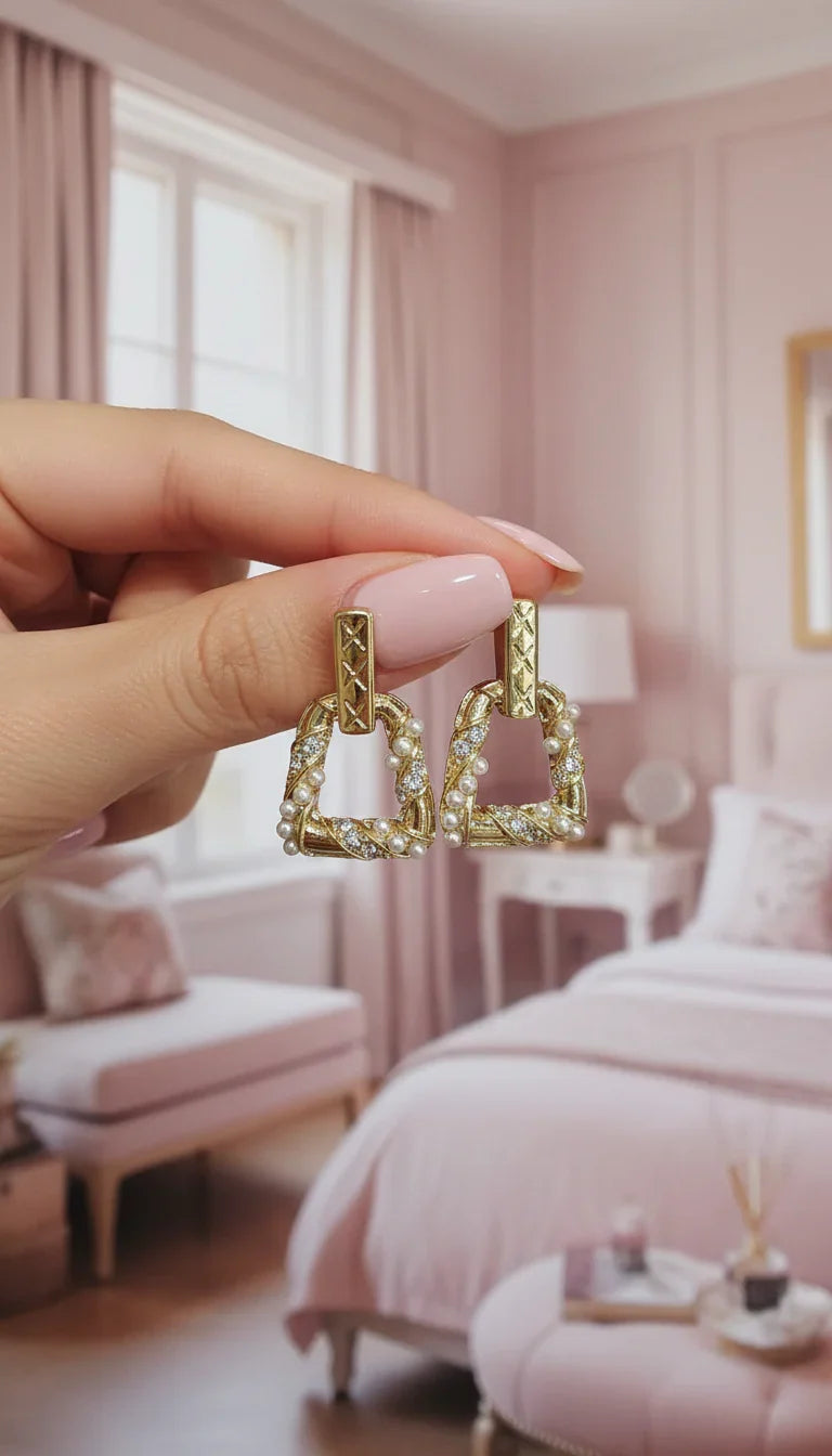 Pearl With Crystal Geometric Drop & Dangle Earrings