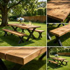 Outdoor Farmhouse Dining Table With Bench and Black Metal Cross Legs