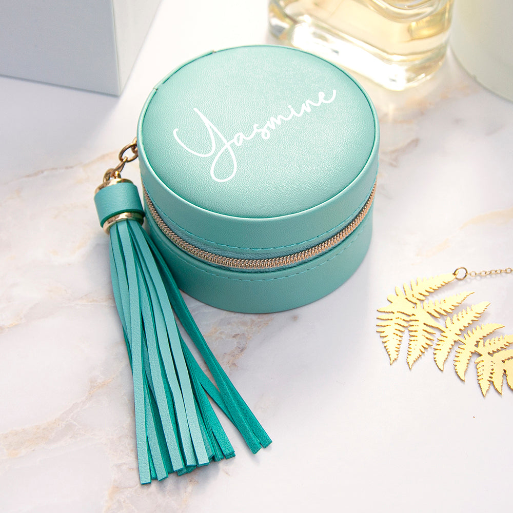 Personalised Turquoise Travel Jewellery Case with Tassel