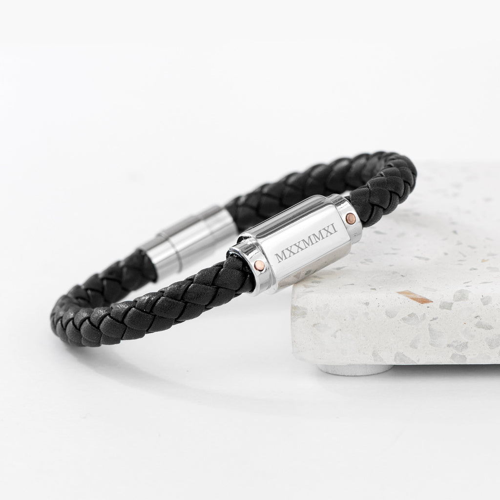 Personalised Men's Roman Numerals Black Leather Bracelet