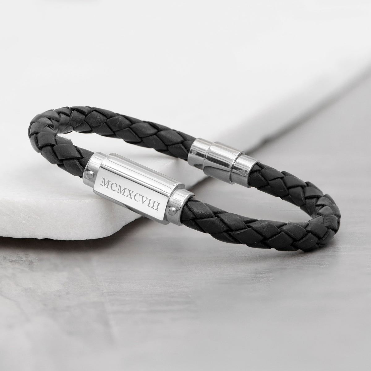 Personalised Men's Roman Numerals Black Leather Bracelet