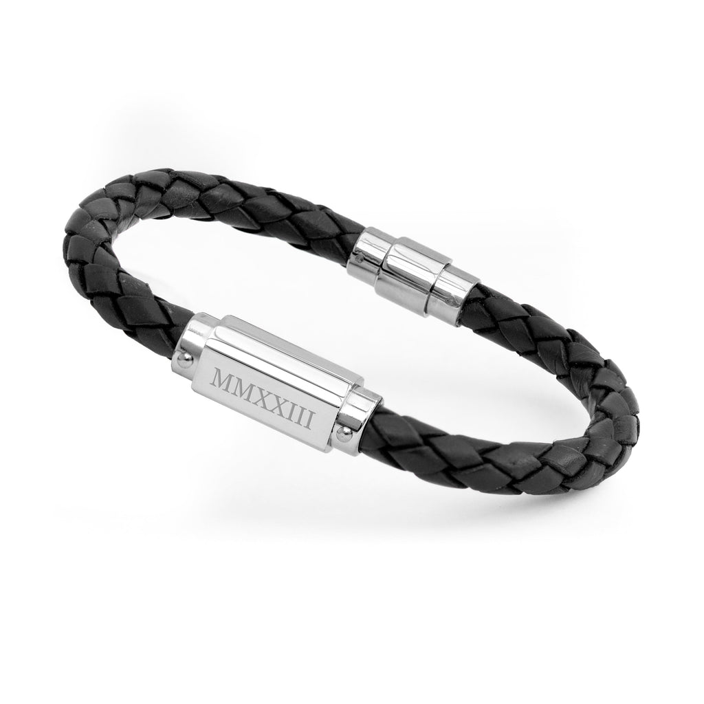 Personalised Men's Roman Numerals Black Leather Bracelet