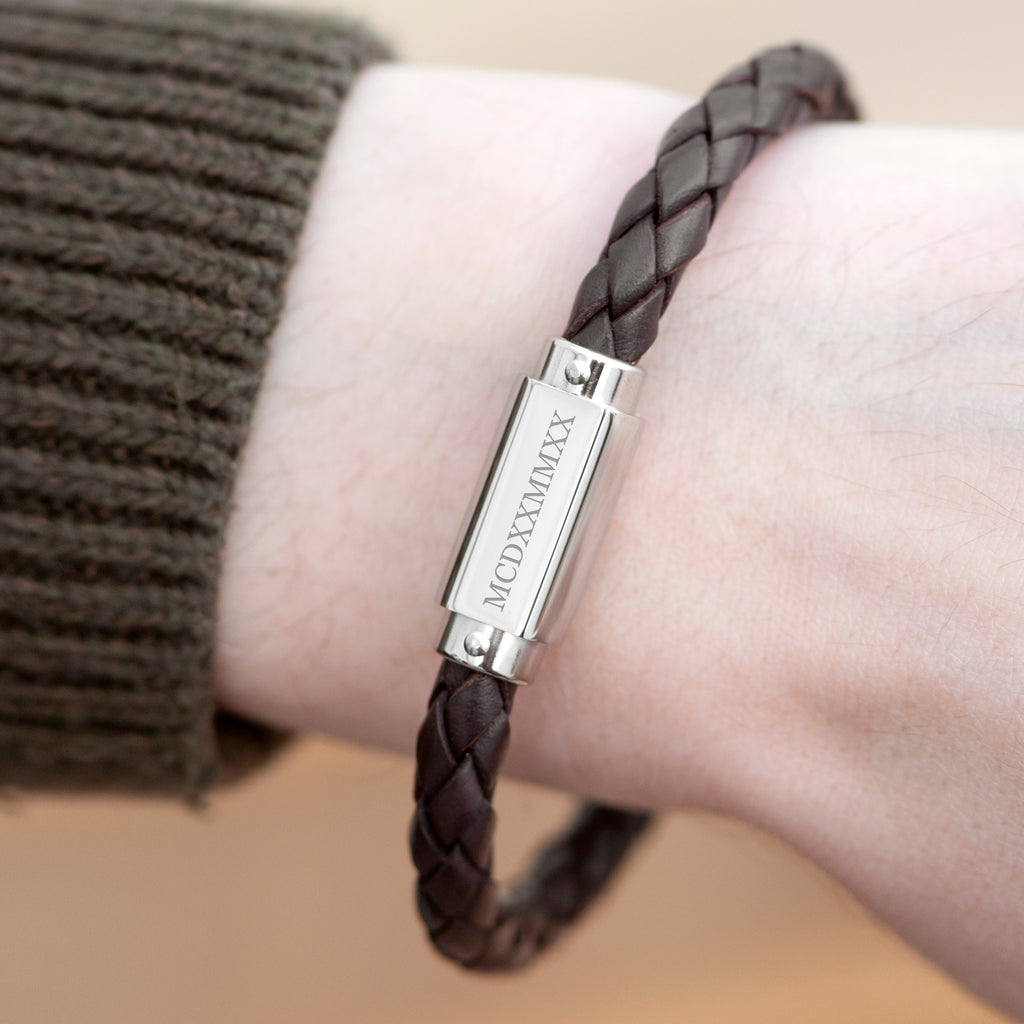 Personalised Men's Roman Numerals Brown Leather Bracelet