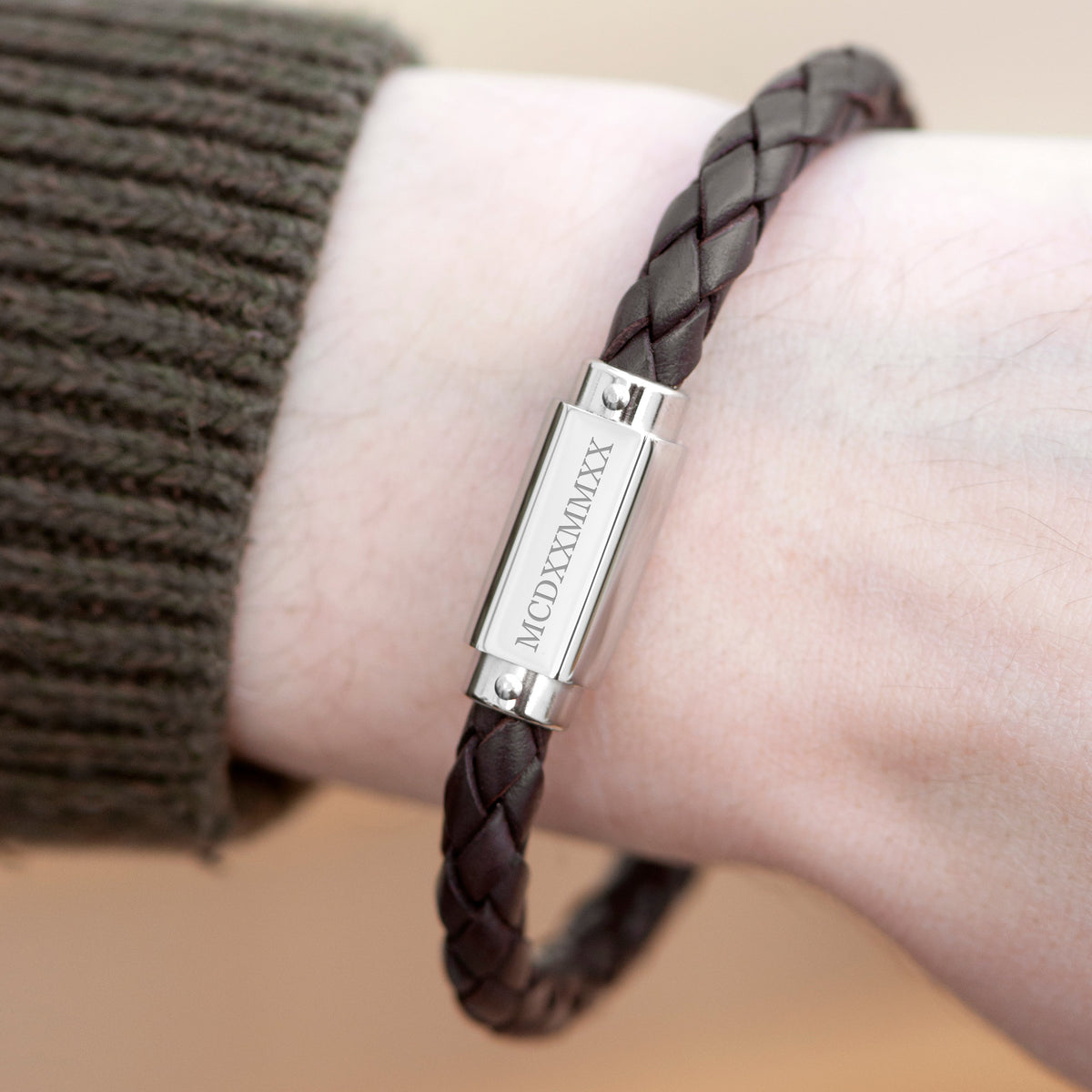 Personalised Men's Roman Numerals Brown Leather Bracelet