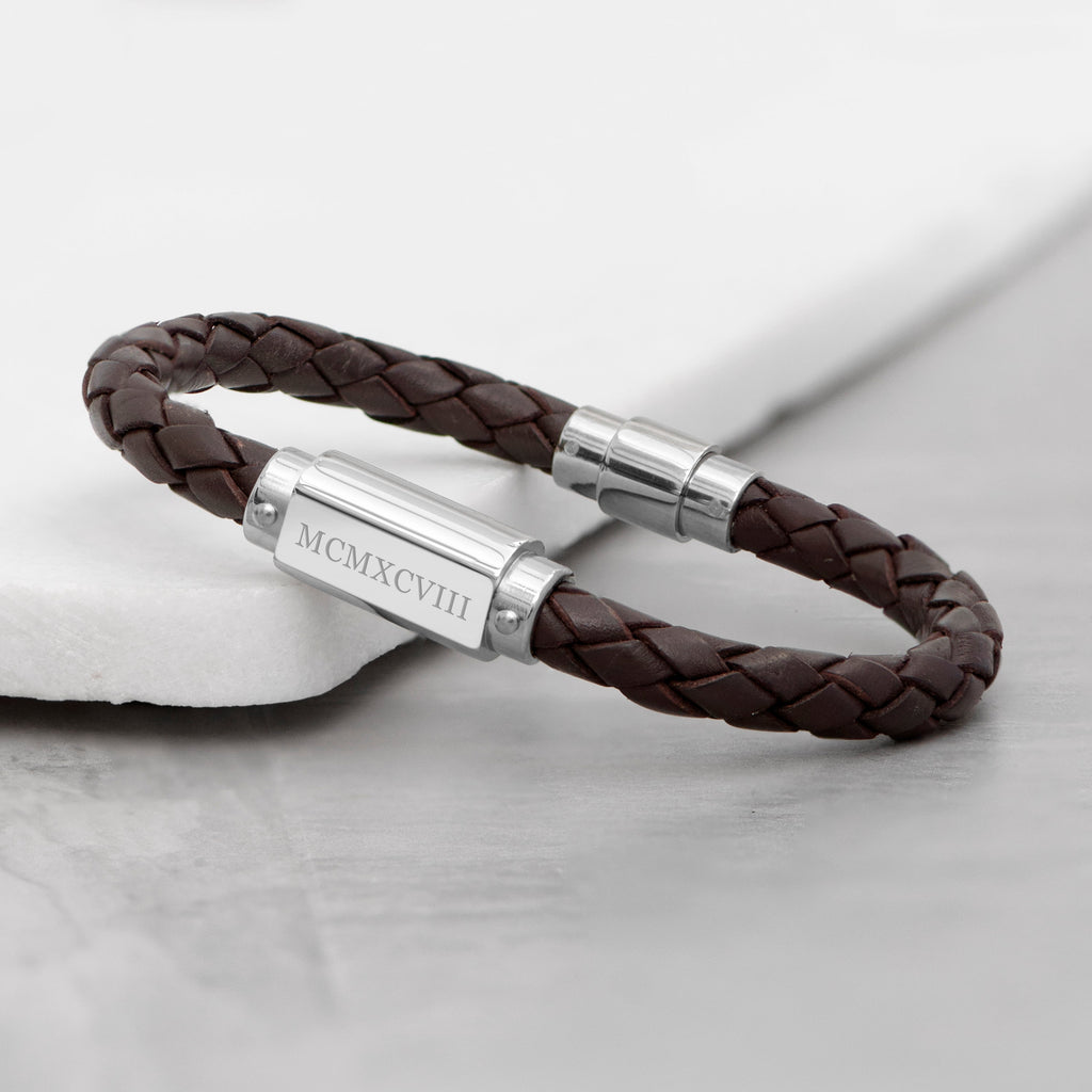 Personalised Men's Roman Numerals Brown Leather Bracelet