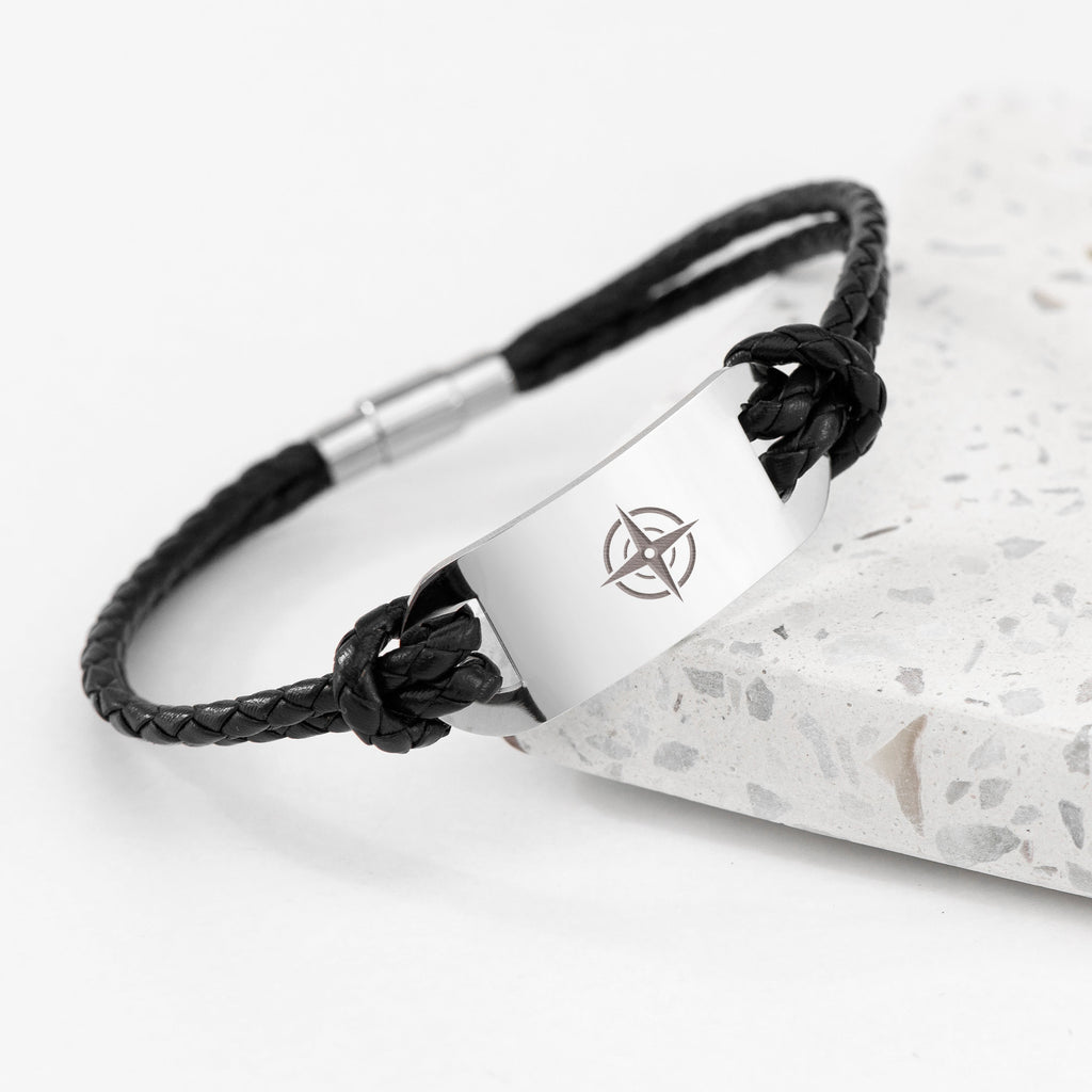 Personalised Men's Travel Compass Statement Leather Bracelet