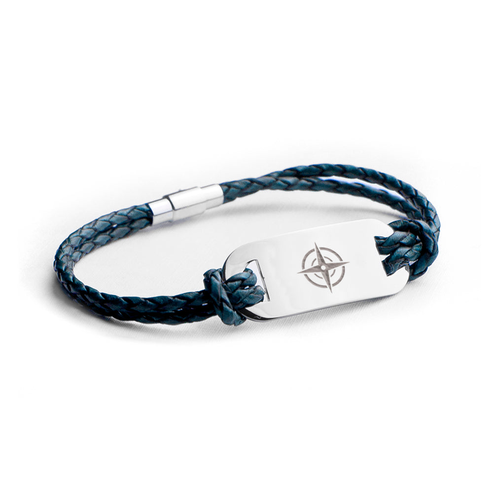 Personalised Men's Travel Compass Statement Leather Bracelet