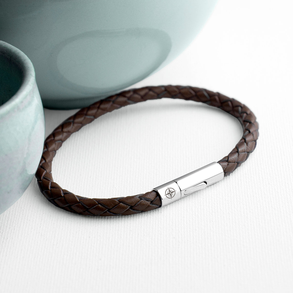 Personalised Men's Travel Compass Capsule Leather Bracelet