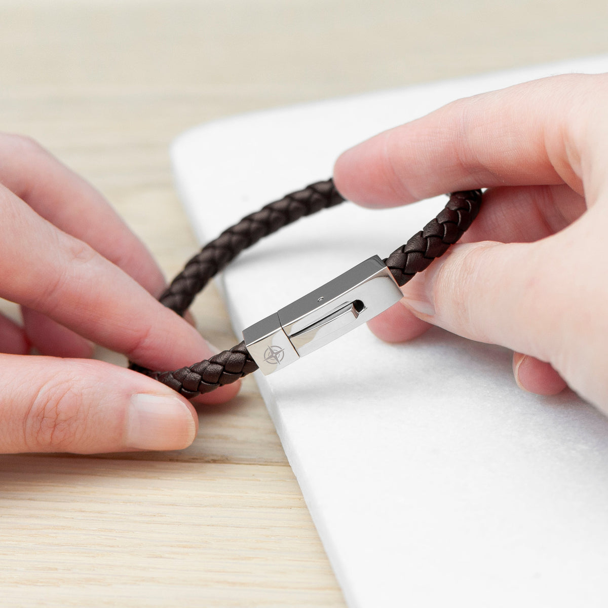 Personalised Men's Leather Travel Compass Bracelet with Tube Clasp