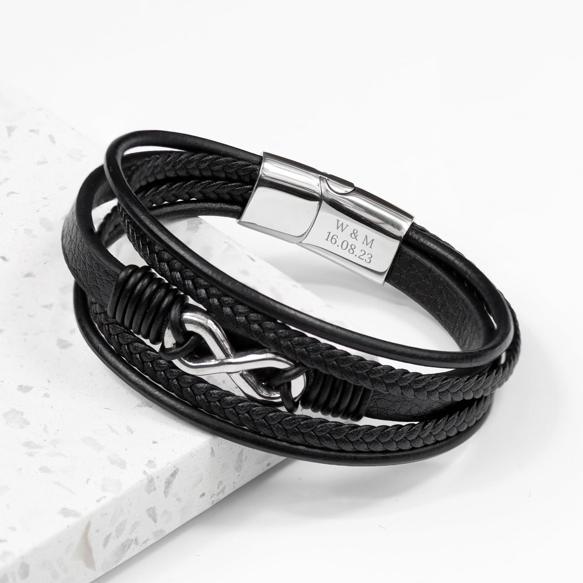 Personalised Men's Silver Infinity Black Leather Stacked Bracelet