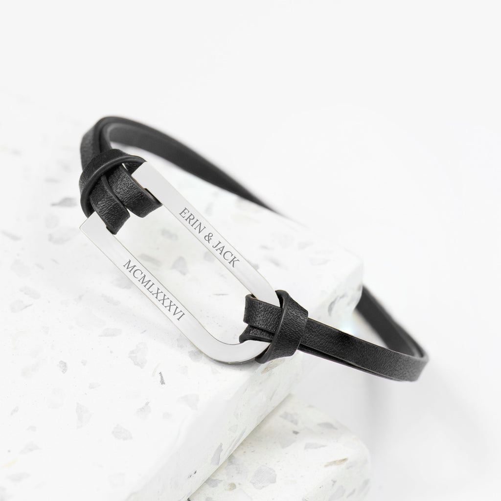 Personalised Men's Shoreditch Silver Bar Black Leather Bracelet