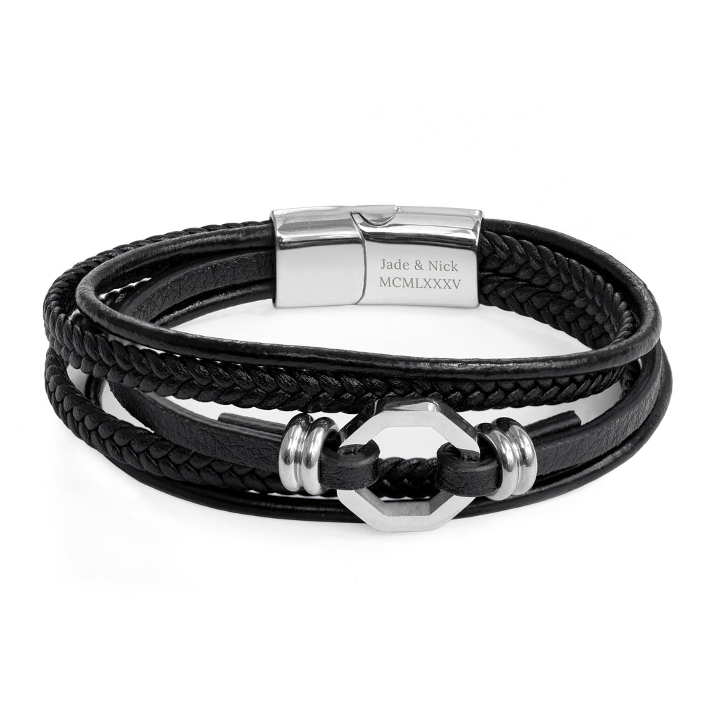 Personalised Men's Mayfair Leather Bracelet in Silver
