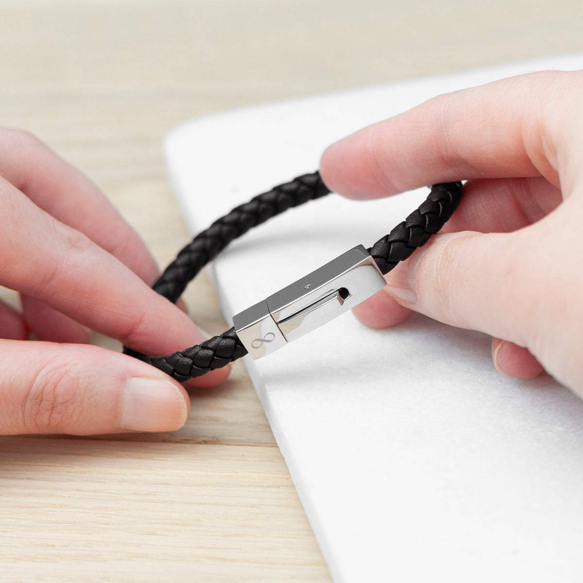Personalised Men's Leather Infinity Bracelet with Tube Clasp