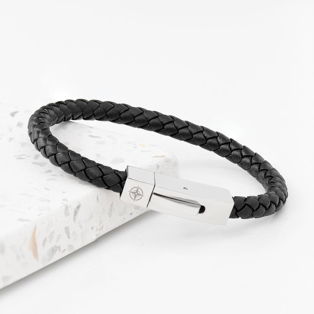 Personalised Men's Leather Travel Compass Bracelet with Tube Clasp