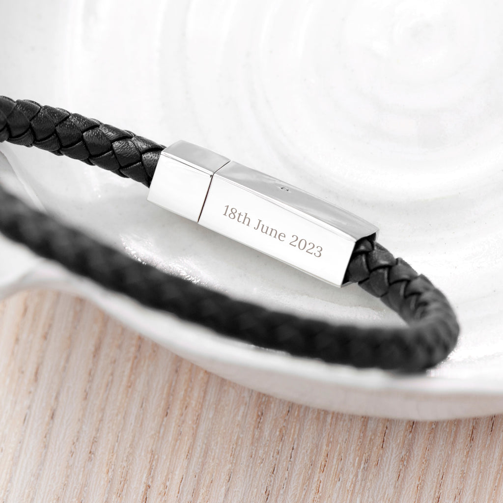 Personalised Men's Leather Travel Compass Bracelet with Tube Clasp