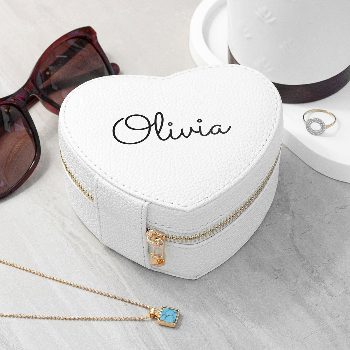 Personalised White Heart Jewellery Case