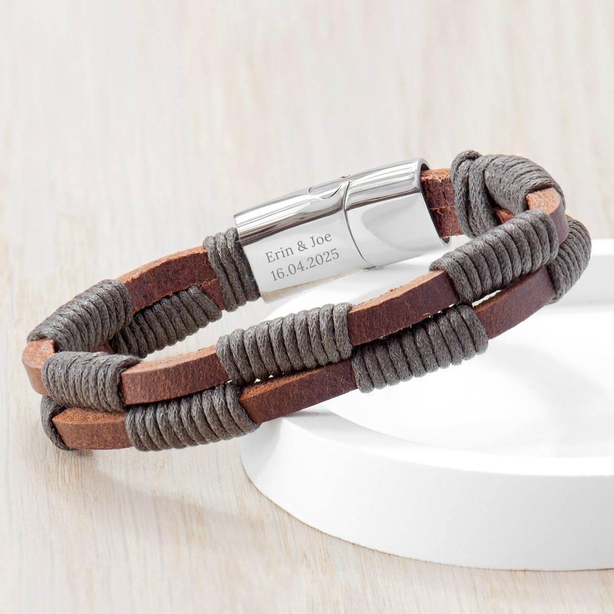 Personalised Men's Brown Leather Twisted Cord Bracelet