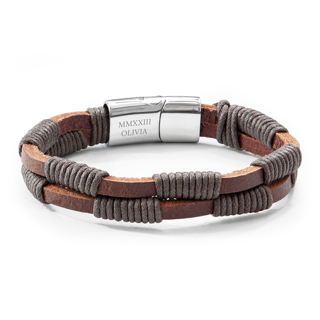 Personalised Men's Brown Leather Twisted Cord Bracelet