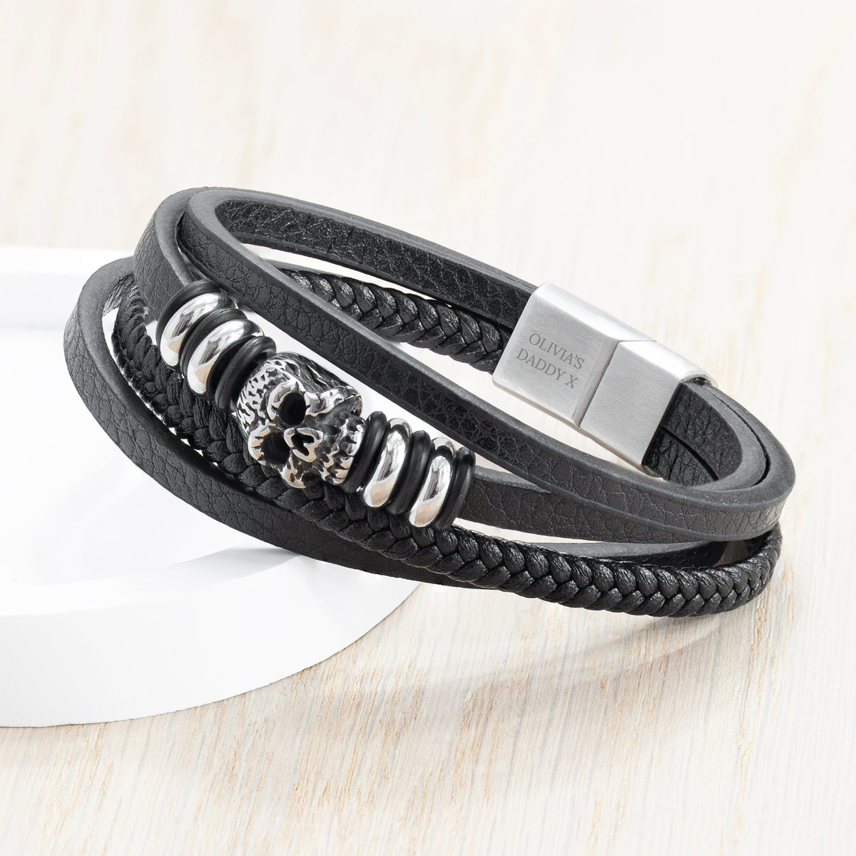 Personalised Men's Stacked Leather Skull Bracelet