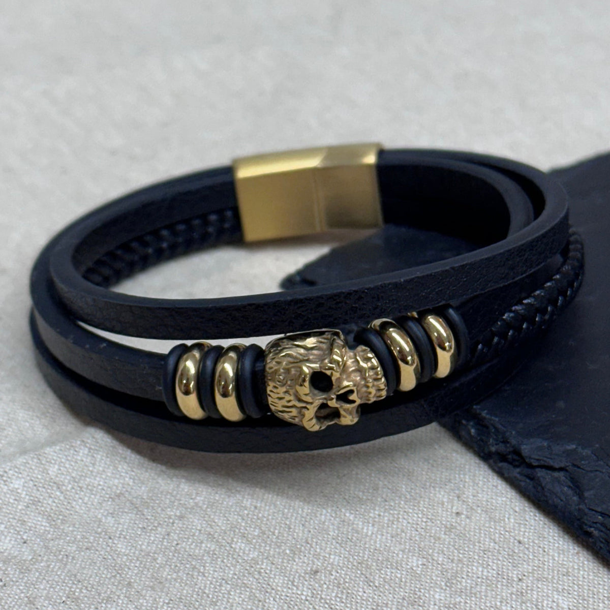 Personalised Men's Stacked Leather Skull Bracelet
