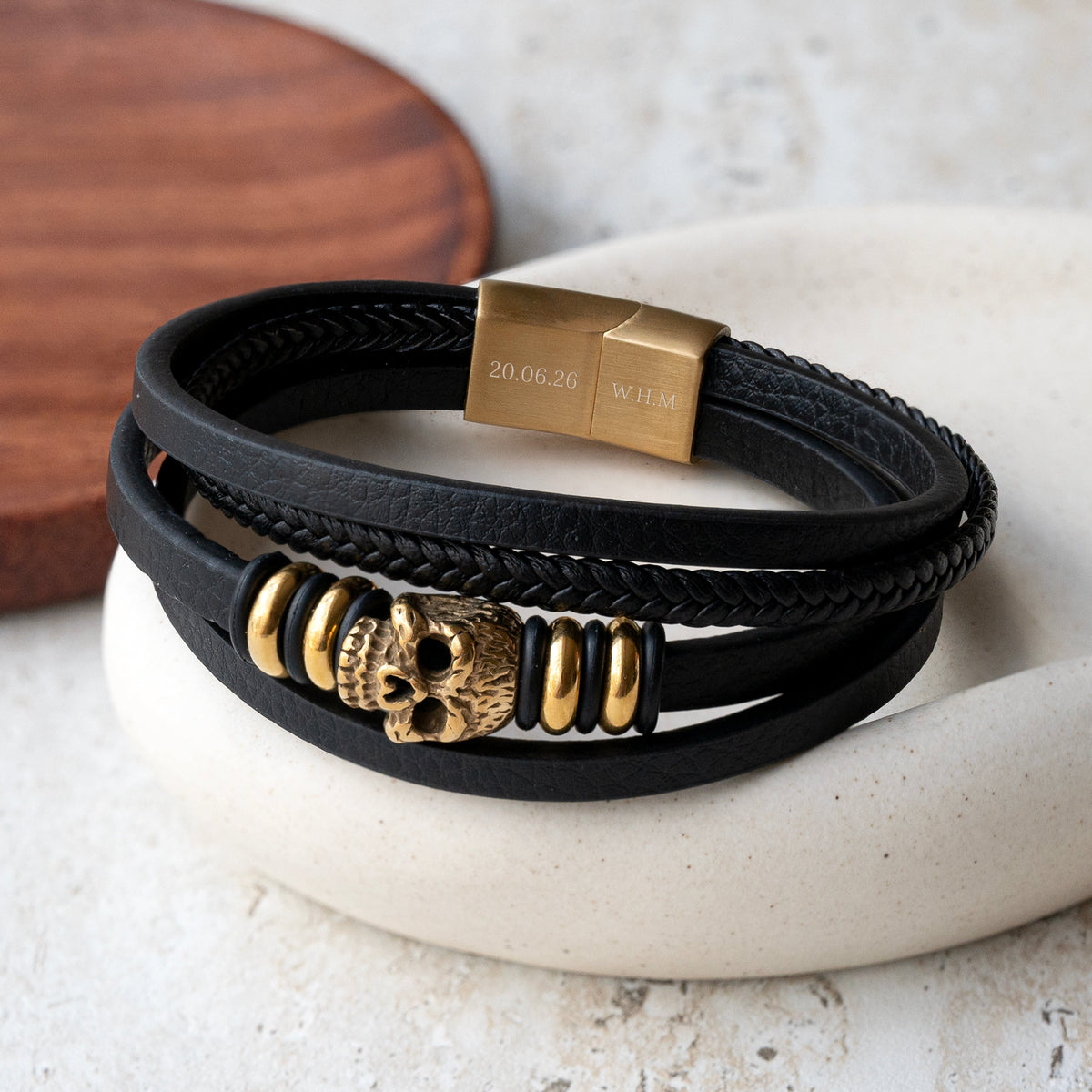 Personalised Men's Stacked Leather Skull Bracelet