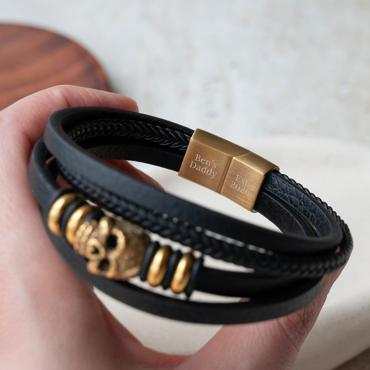 Personalised Men's Stacked Leather Skull Bracelet