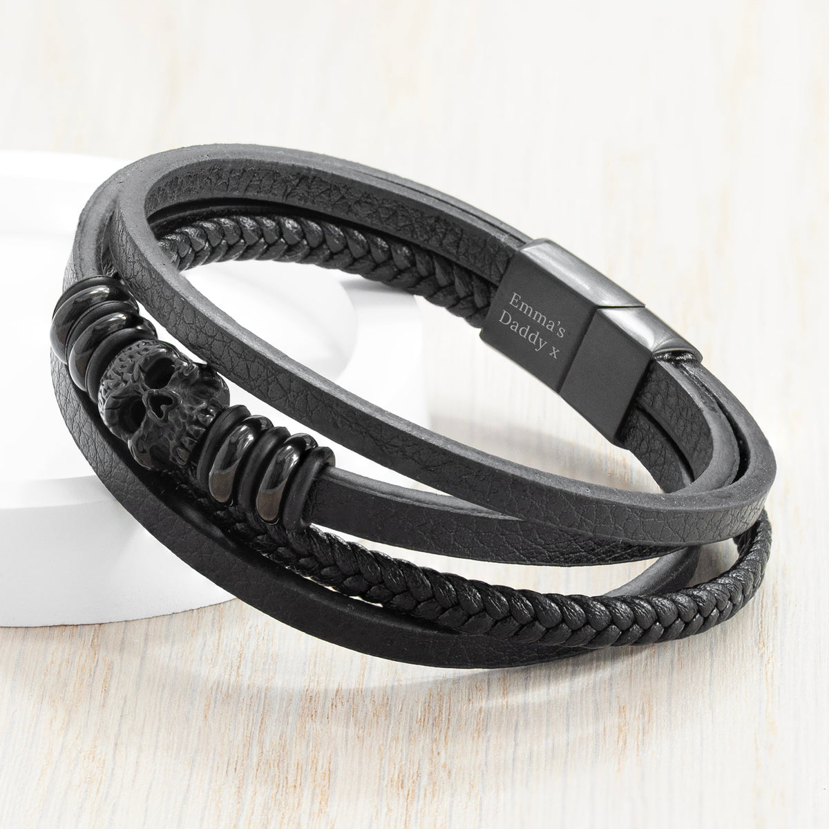 Personalised Men's Stacked Leather Skull Bracelet