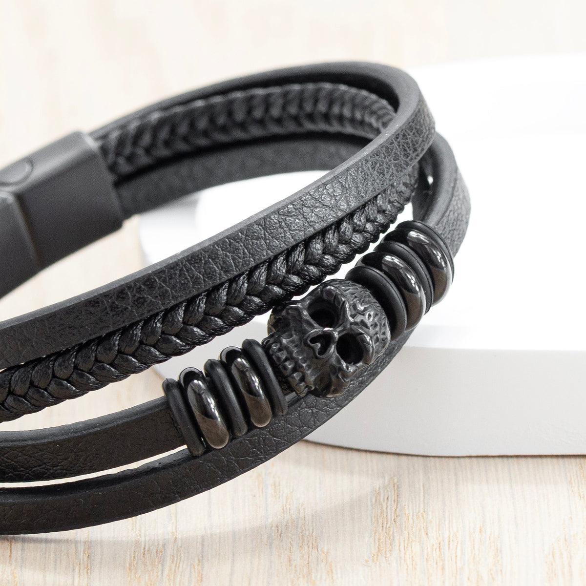 Personalised Men's Stacked Leather Skull Bracelet