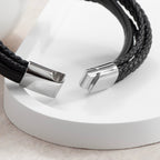 Personalised Men's Travel Compass Stacked Leather Bracelet