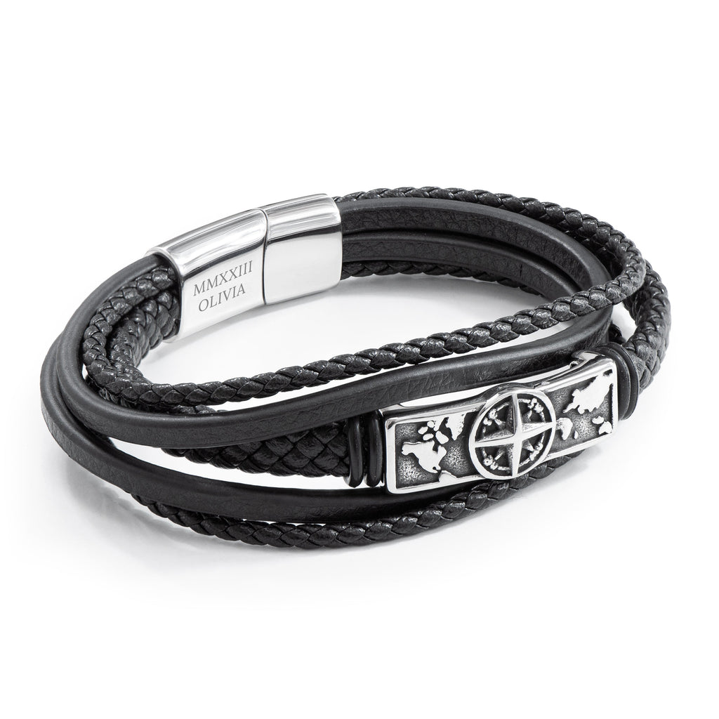 Personalised Men's Travel Compass Stacked Leather Bracelet