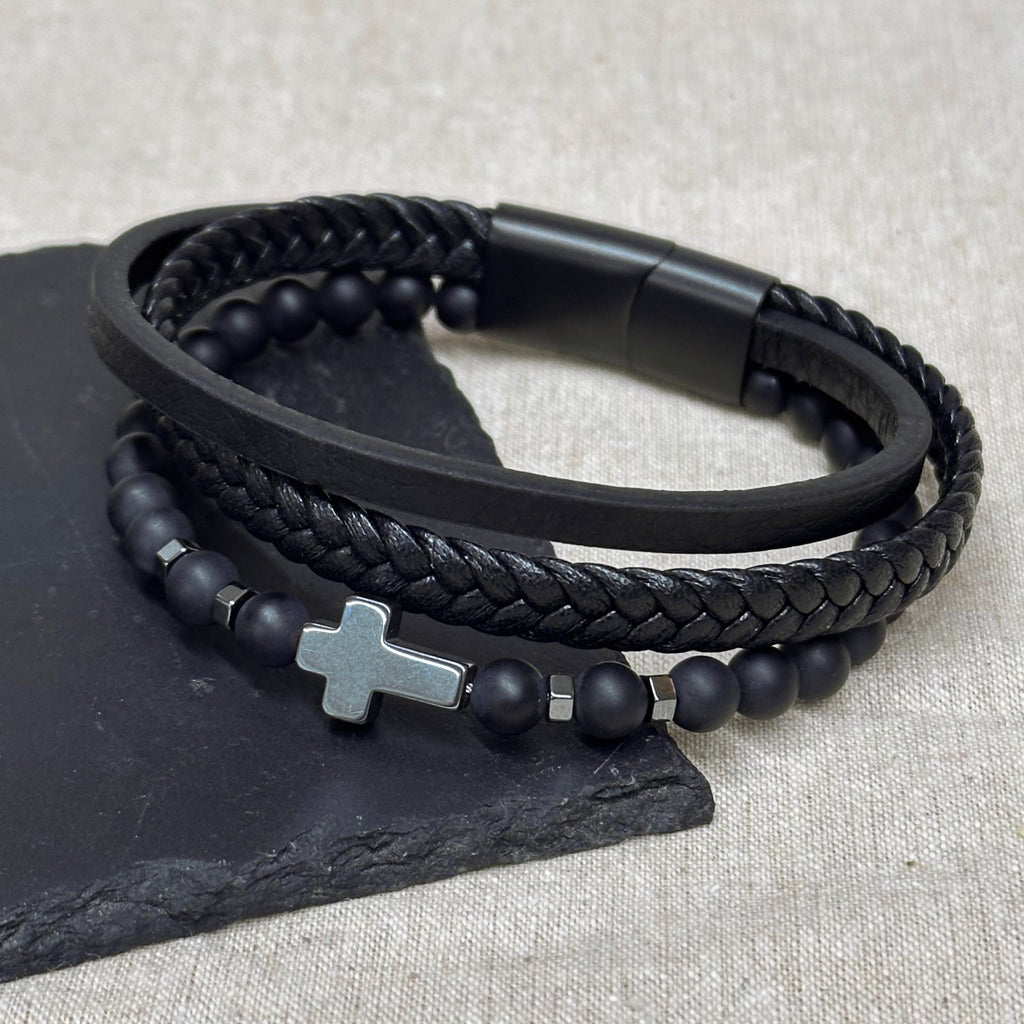 Personalised Men's Beaded and Stacked Leather Cross Bracelet