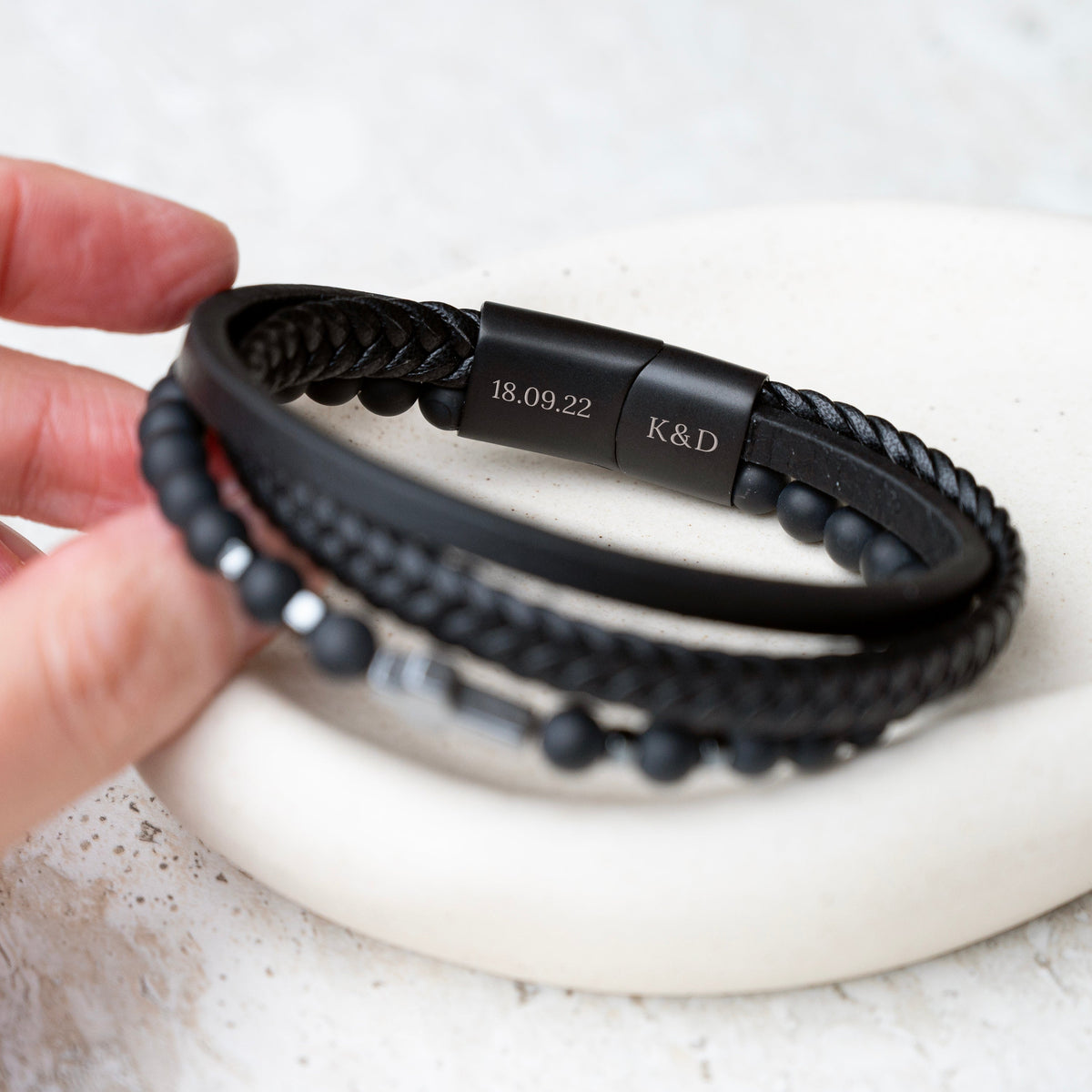 Personalised Men's Beaded and Stacked Leather Cross Bracelet