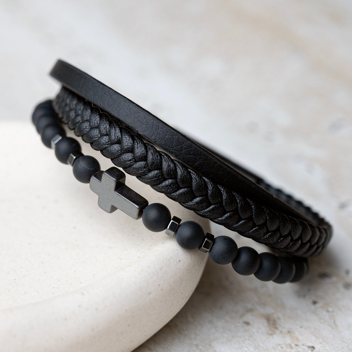 Personalised Men's Beaded and Stacked Leather Cross Bracelet